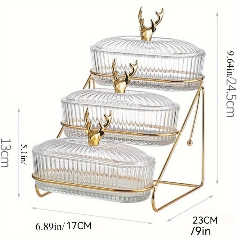 Fashion Three-Tier Covered Snack and Fruit Tray - Sturdy Metal Frame, Nordic Design, Suitable for Kitchen, Living Room, and Parties | Perfect for Holding Dried Fruits, Candies, Nuts | Easy to Clean, Versatile Appetizer Plate, Ideal for Serving and Hosting