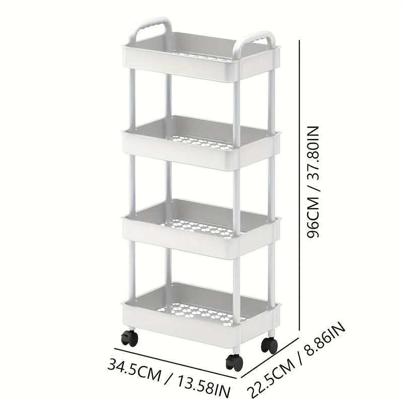 Four-Tier Rolling Cosmetics Storage Rack - Made of durable plastic, equipped with 360-degree swivel casters, strong load-bearing capacity - Suitable for bathroom, bedroom, kitchen, and home storage | White