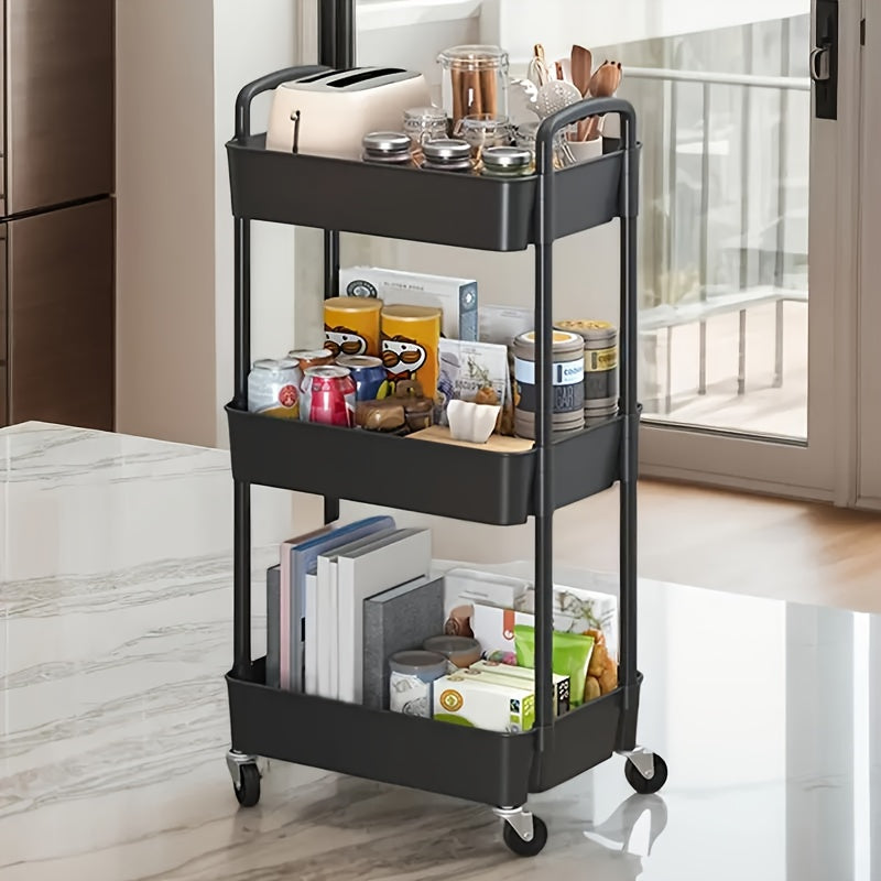 Three-Tier Rolling Cosmetics Storage Rack - Made of durable plastic, equipped with 360-degree swivel casters, strong load-bearing capacity - Suitable for bathroom, bedroom, kitchen, and home storage | White