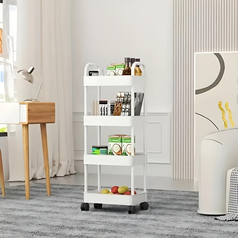 Three-Tier Rolling Cosmetics Storage Rack - Made of durable plastic, equipped with 360-degree swivel casters, strong load-bearing capacity - Suitable for bathroom, bedroom, kitchen, and home storage | White