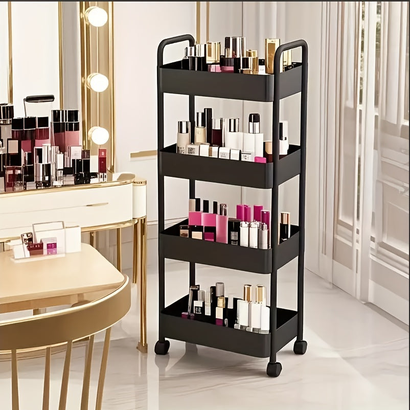 Four-Tier Rolling Cosmetics Storage Rack - Made of durable plastic, equipped with 360-degree swivel casters, strong load-bearing capacity - Suitable for bathroom, bedroom, kitchen, and home storage | BLACK