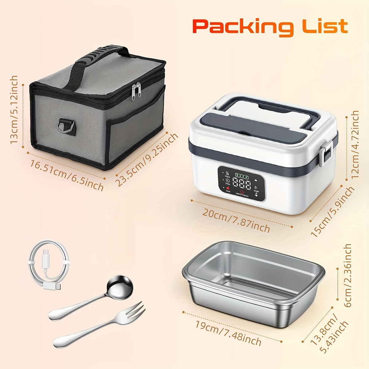 Electric Heating Insulated Lunch Box | 304 Stainless Steel Portable Insulated Storage Container, Suitable for Office, Camping, Picnics | Compact Insulated Food Container with Charging Function, No Water Needed(black)