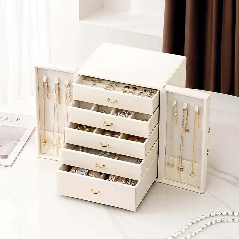 Pink  1 Large Faux Leather Jewelry Storage Box with 5 Drawers and Gold Handles - An elegant rectangular storage space for rings, necklaces, bracelets, earrings, and watches - Features soft fabric lining, side door design, textured surface finish - Luxury