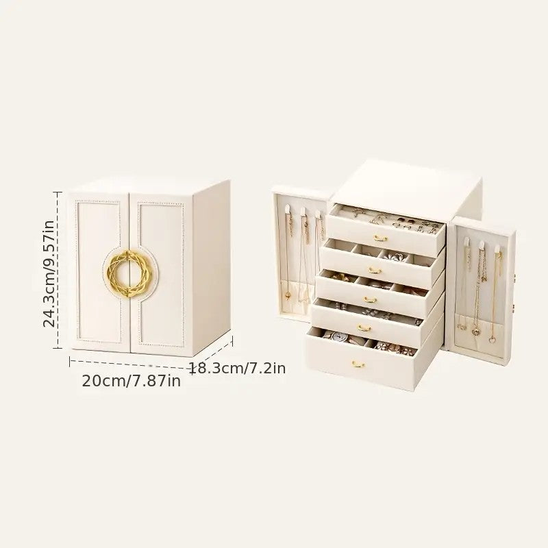 Blue  1 Large Faux Leather Jewelry Storage Box with 5 Drawers and Gold Handles - An elegant rectangular storage space for rings, necklaces, bracelets, earrings, and watches - Features soft fabric lining, side door design, textured surface finish - Luxury