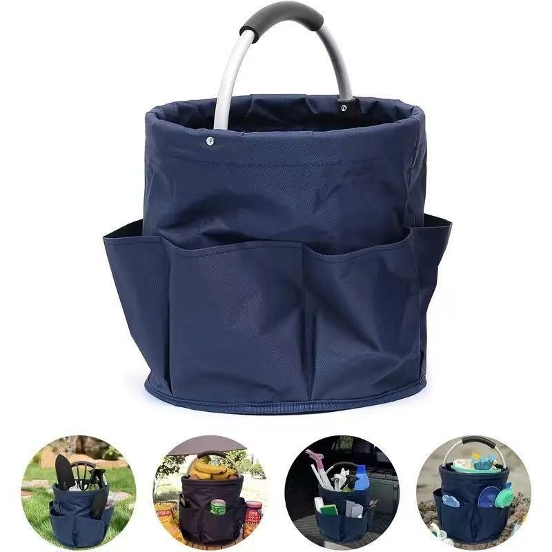Premium Black Gardening Storage Bag made of durable 600D Oxford cloth, features 6 deep side pockets for small hand tools, spray bottles, beverages, and more. Equipped with an aluminum alloy handle wrapped in EVA molding for enhanced comfort and longevity.