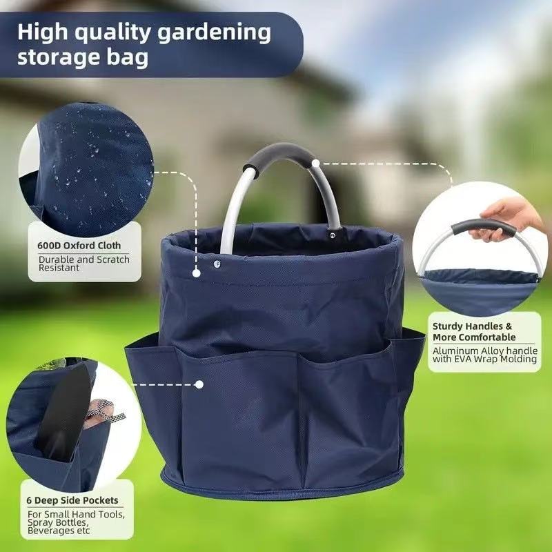 Premium Blue Gardening Storage Bag made of durable 600D Oxford cloth, features 6 deep side pockets for small hand tools, spray bottles, beverages, and more. Equipped with an aluminum alloy handle wrapped in EVA molding for enhanced comfort and longevity.