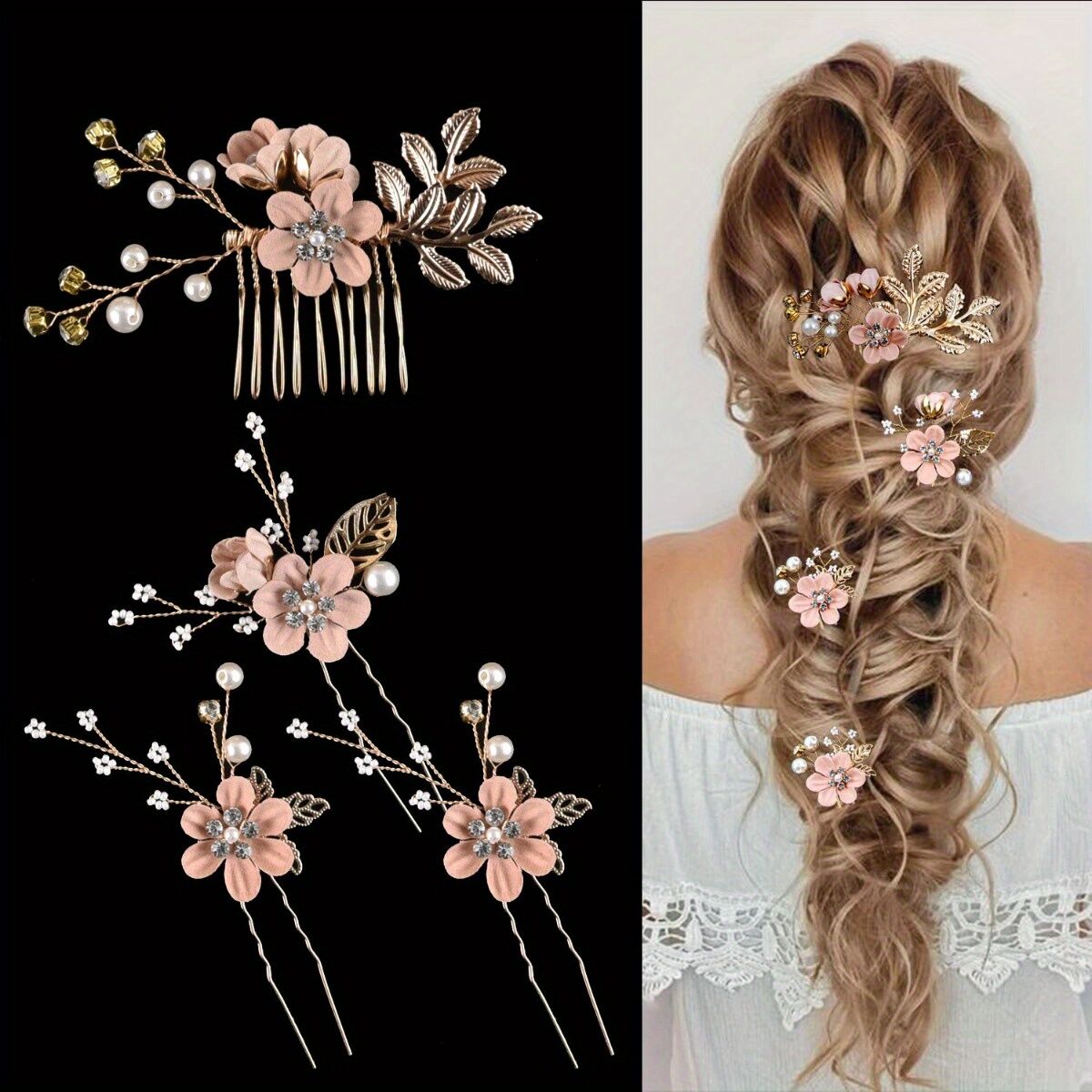 PINK 4-Piece Elegant Light Luxury Pearl Flower Hair Accessories Set, Bridal Wedding Hairpin and Hairpin Headdress Set, Bridesmaid Gift Banquet Ornament Set for Women's Hairpin