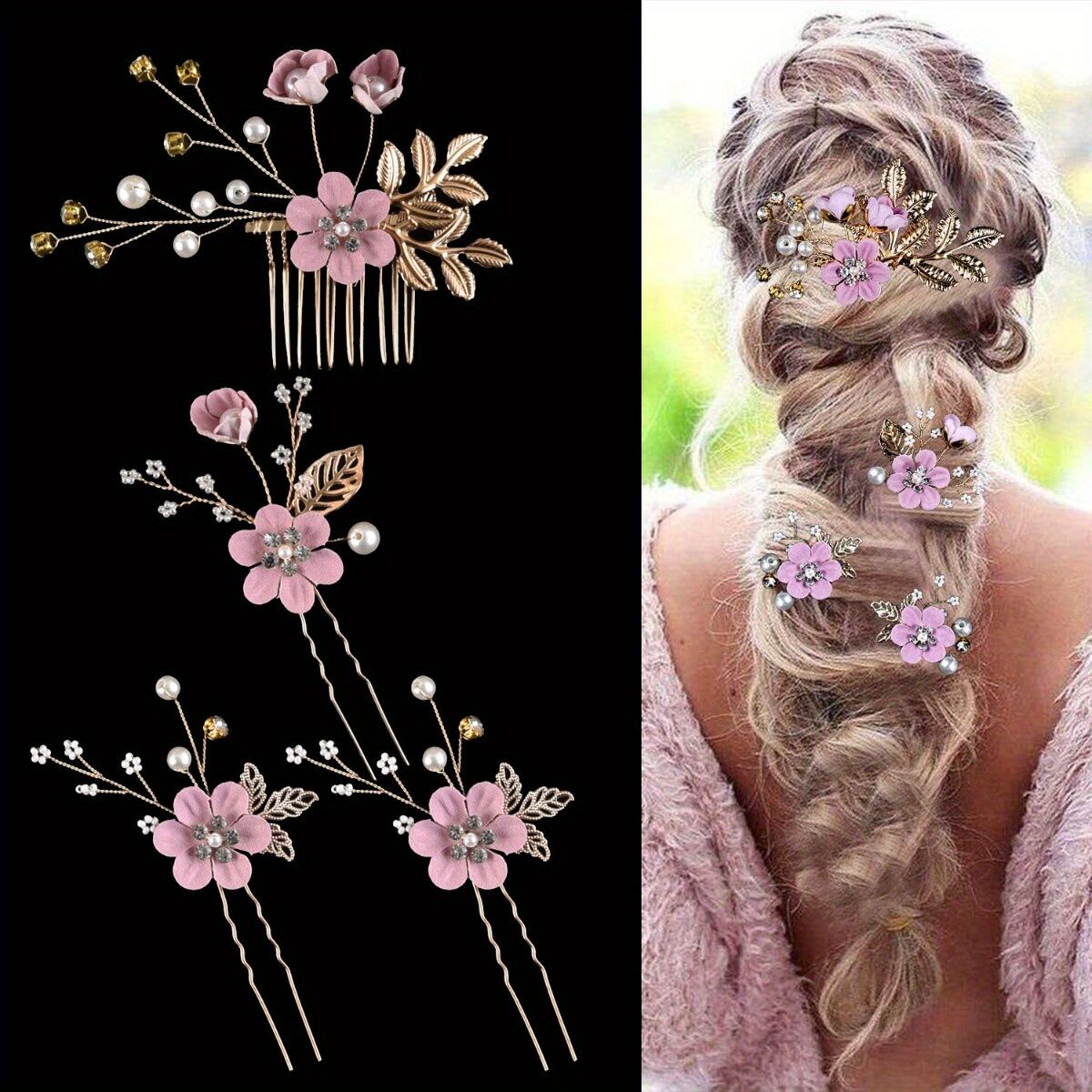 PINK 4-Piece Elegant Light Luxury Pearl Flower Hair Accessories Set, Bridal Wedding Hairpin and Hairpin Headdress Set, Bridesmaid Gift Banquet Ornament Set for Women's Hairpin