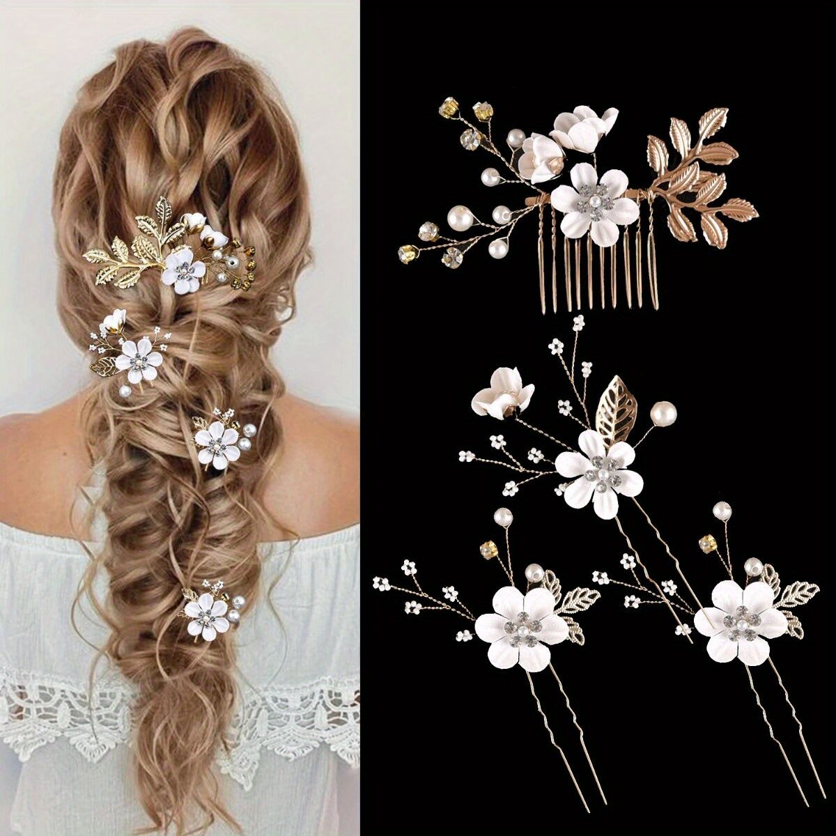 WHITE 4-Piece Elegant Light Luxury Pearl Flower Hair Accessories Set, Bridal Wedding Hairpin and Hairpin Headdress Set, Bridesmaid Gift Banquet Ornament Set for Women's Hairpin