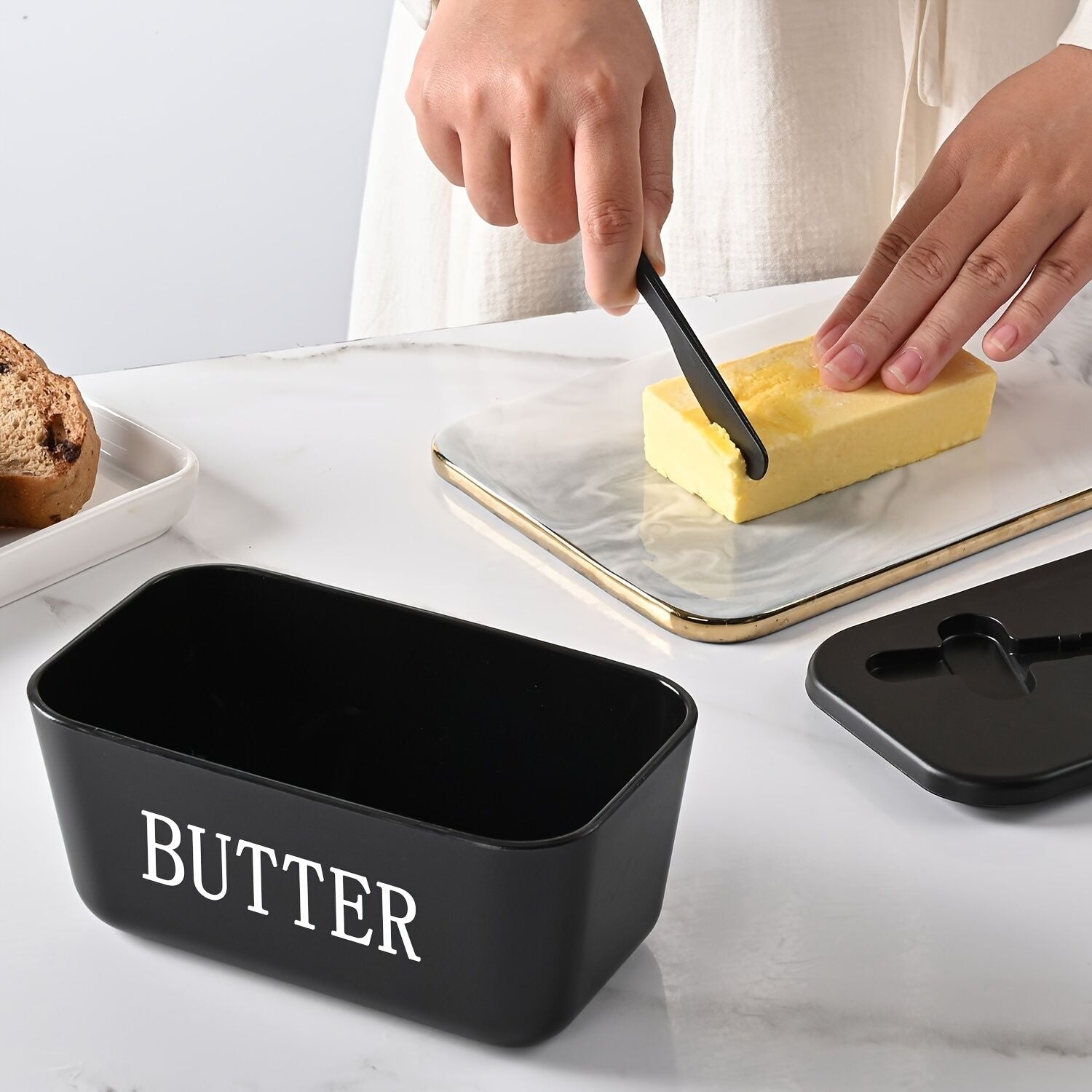 BLACK **Food-Grade PP Large Butter Keeper with Cutting Blade | Airtight, Drying-Resistant, Easy to Slice – Long-Lasting Freshness, Your Kitchen & Baking Essential Helper**