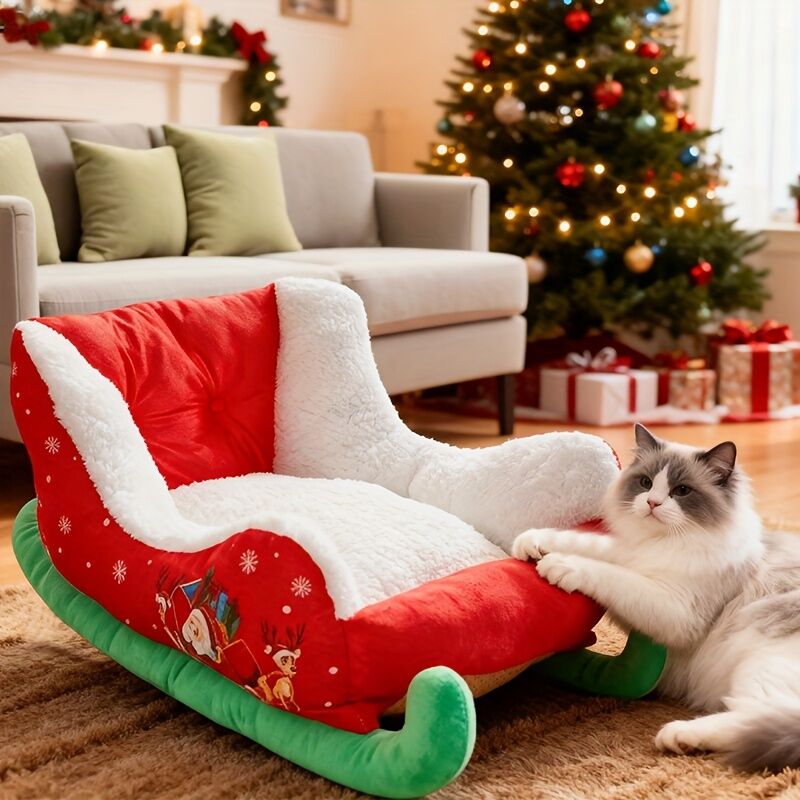 Christmas sled cat bed and dog house-winter warm pet bed, detachable and washable, without assembly, comfortable/outdoor pet sofa, suitable for cats and small dogs, snow house design.