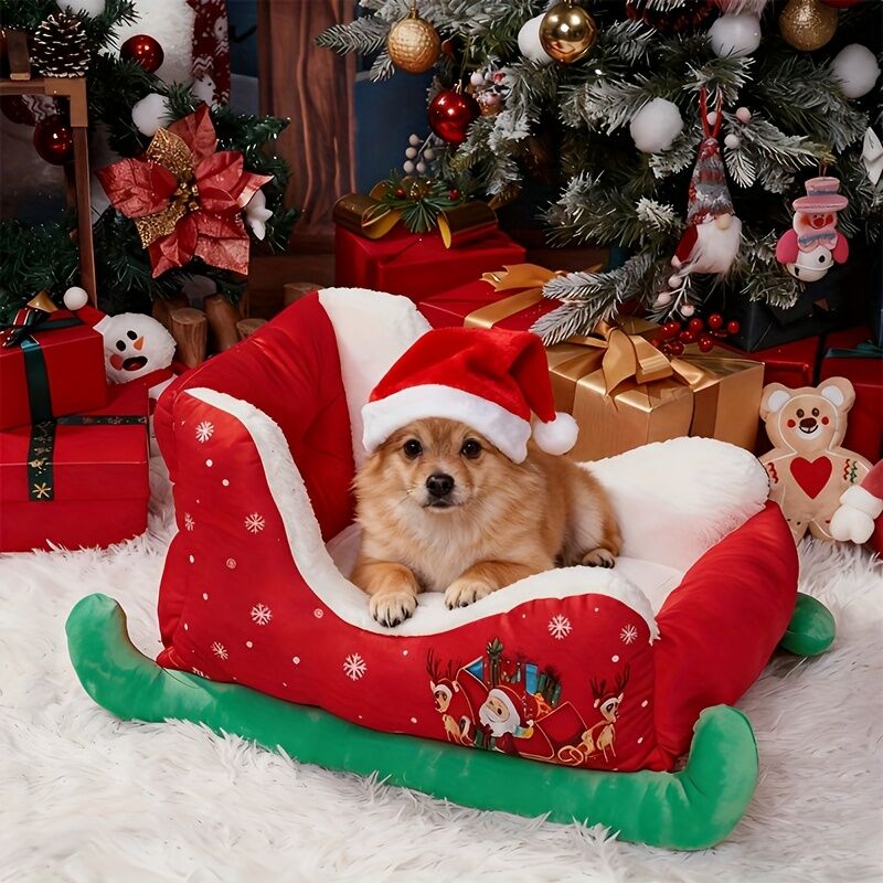 Christmas sled cat bed and dog house-winter warm pet bed, detachable and washable, without assembly, comfortable/outdoor pet sofa, suitable for cats and small dogs, snow house design.