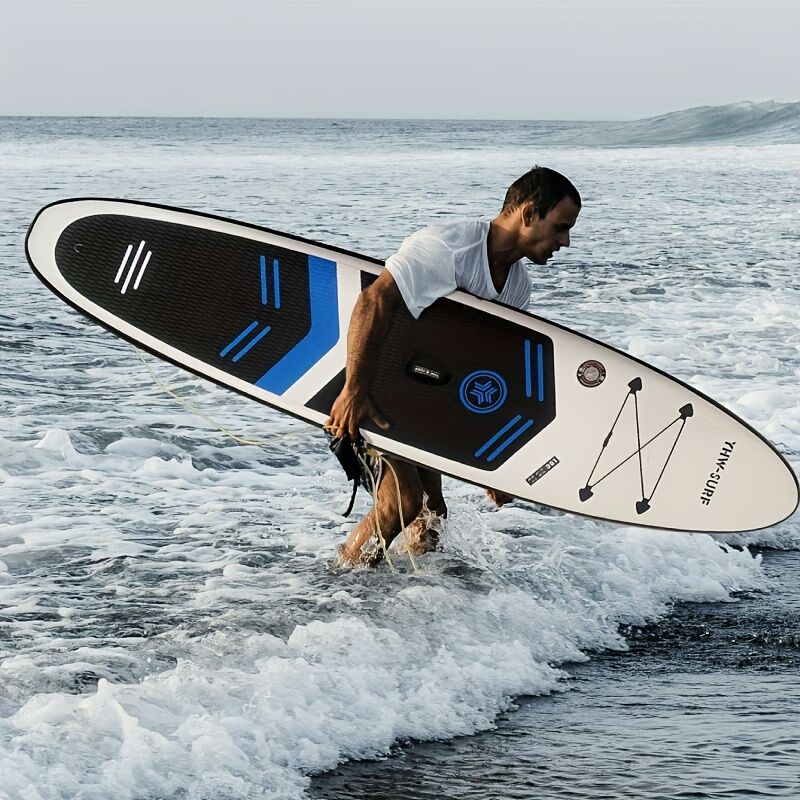 Inflatable vertical paddle set for water sports and surfing-including air pump, paddle, rope, backpack, fin box and maintenance tools.