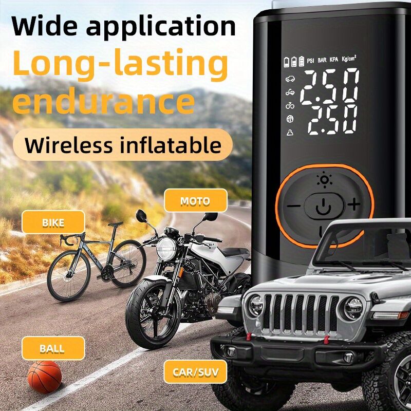 Portable air compressor for tires with digital pressure gauge, 150PSI rechargeable battery, LED light, wireless bicycle tire pump for cars, motorcycles, bicycles, etc., black