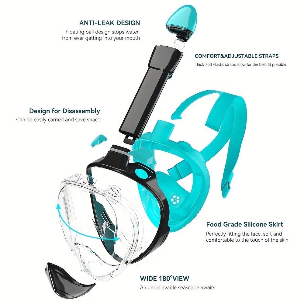 S/M  Full-face silicone snorkeling mask, full-dry panoramic snorkeling mirror, camera bracket, large frame anti-leakage and anti-fog swimming mirror set for adults.