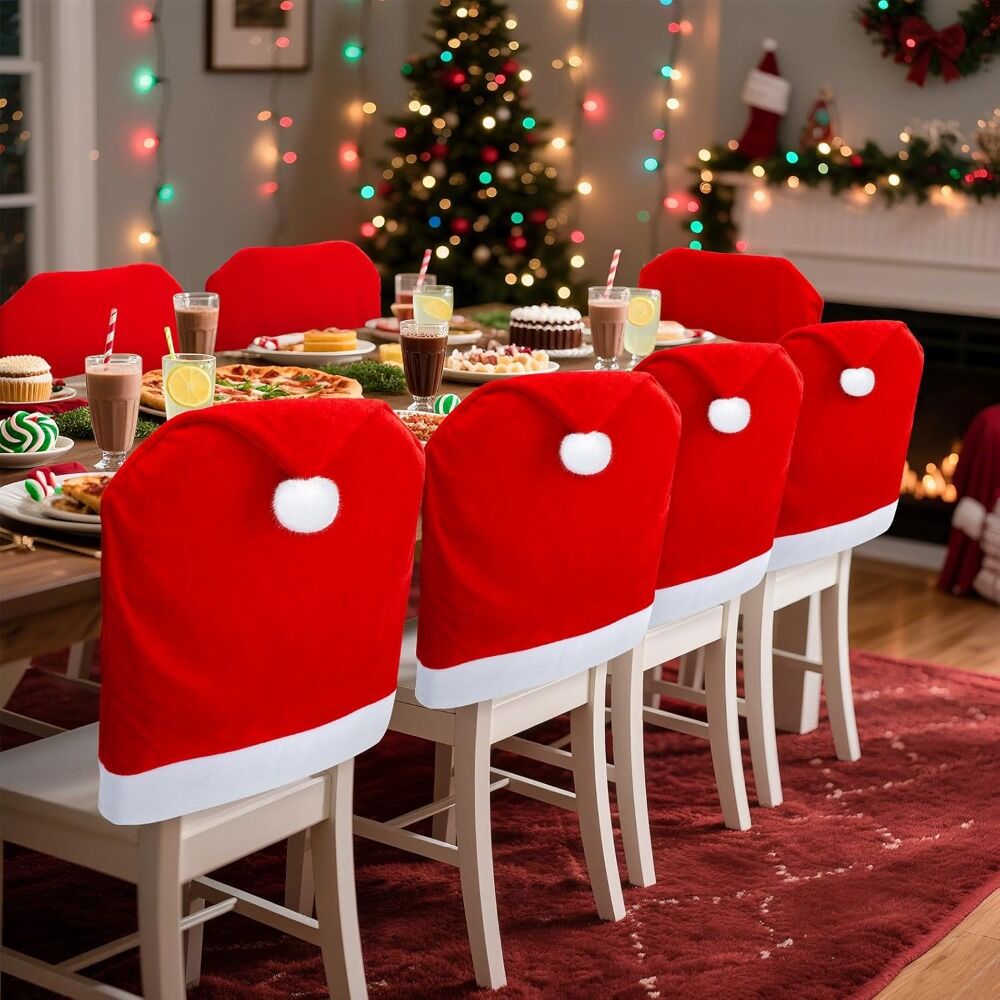 16-piece Christmas chair set-holiday red Christmas hat pattern, suitable for holiday dinners and party decorations, including 8 chair sets and 8 tableware sets, reusable, durable fabric, suitable for Christmas, New Year, Valentine&#39;s Day and party activiti