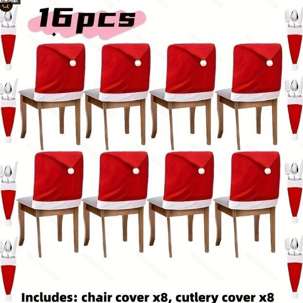 16-piece Christmas chair set-holiday red Christmas hat pattern, suitable for holiday dinners and party decorations, including 8 chair sets and 8 tableware sets, reusable, durable fabric, suitable for Christmas, New Year, Valentine's Day and party activiti