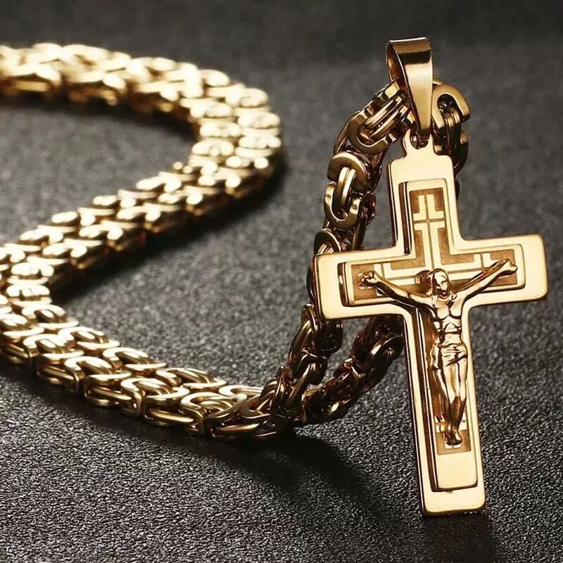 Trident cross men's pendant necklace - gold U-shaped flat chain design, religious style fashion accessory, suitable for daily and formal occasions | high-quality accessory | exquisite men's jewelry