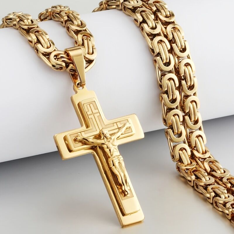 Trident cross men's pendant necklace - gold U-shaped flat chain design, religious style fashion accessory, suitable for daily and formal occasions | high-quality accessory | exquisite men's jewelry