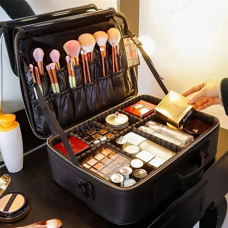 **Large Waterproof Makeup Organizer: Adjustable Dividers, Detachable Brush Holder, Multi-Compartment Design, Portable & Moisture-Resistant, Professional Cosmetic Storage Case**