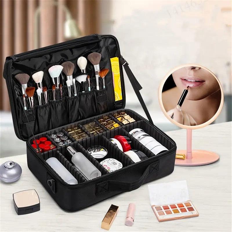 **Large Waterproof Makeup Organizer: Adjustable Dividers, Detachable Brush Holder, Multi-Compartment Design, Portable & Moisture-Resistant, Professional Cosmetic Storage Case**