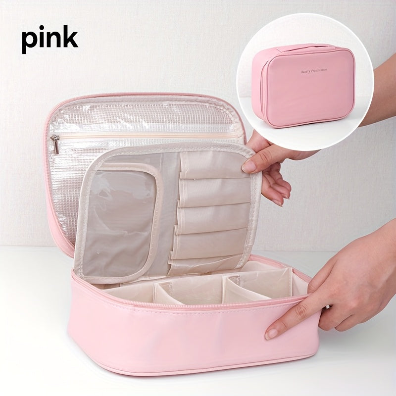 High-capacity multi-layer travel makeup organizer, featuring removable compartments and a brush holder—a portable beauty case, elegantly painted storage box, designed as a standalone unit, no assembly required.（BLACK）