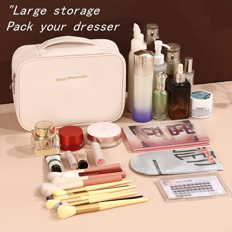 High-capacity multi-layer travel makeup organizer, featuring removable compartments and a brush holder—a portable beauty case, elegantly painted storage box, designed as a standalone unit, no assembly required.（mocha brown）