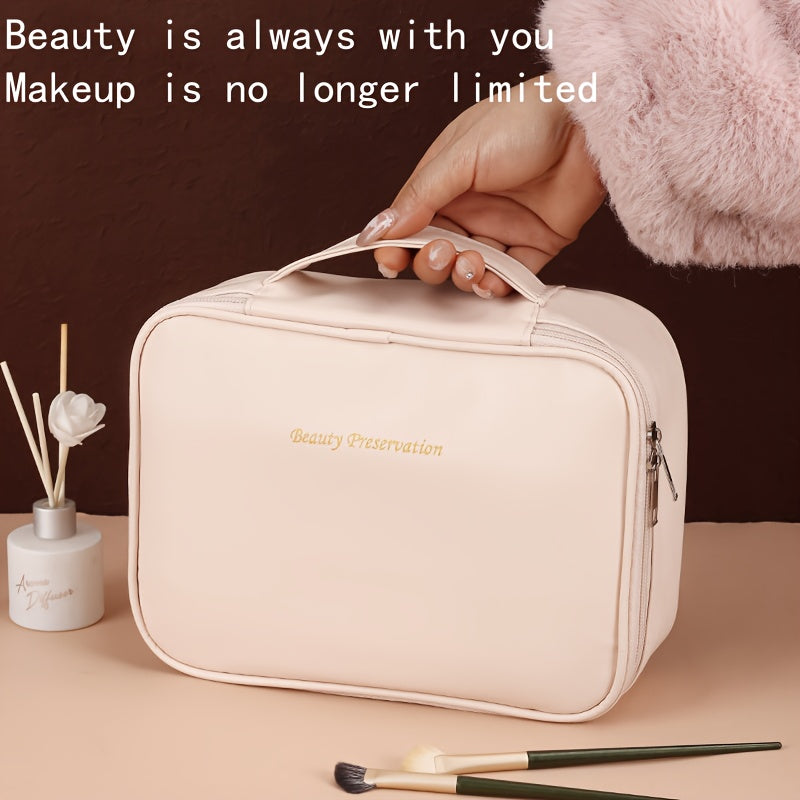 High-capacity multi-layer travel makeup organizer, featuring removable compartments and a brush holder—a portable beauty case, elegantly painted storage box, designed as a standalone unit, no assembly required.（WHITE）