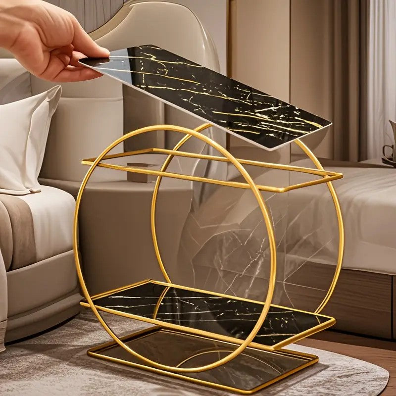 Elegant Golden Two-Tier Metal Cosmetic Organizer Stand - Luxury Countertop Makeup and Skincare Storage Shelf, Ideal for Bathroom Vanity, Home Decor, Dressing Table Accessories, and Perfume Storage