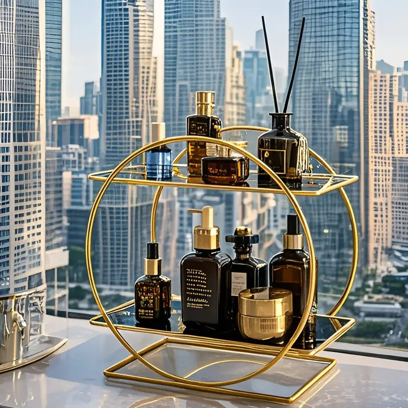Elegant Golden Two-Tier Metal Cosmetic Organizer Stand - Luxury Countertop Makeup and Skincare Storage Shelf, Ideal for Bathroom Vanity, Home Decor, Dressing Table Accessories, and Perfume Storage