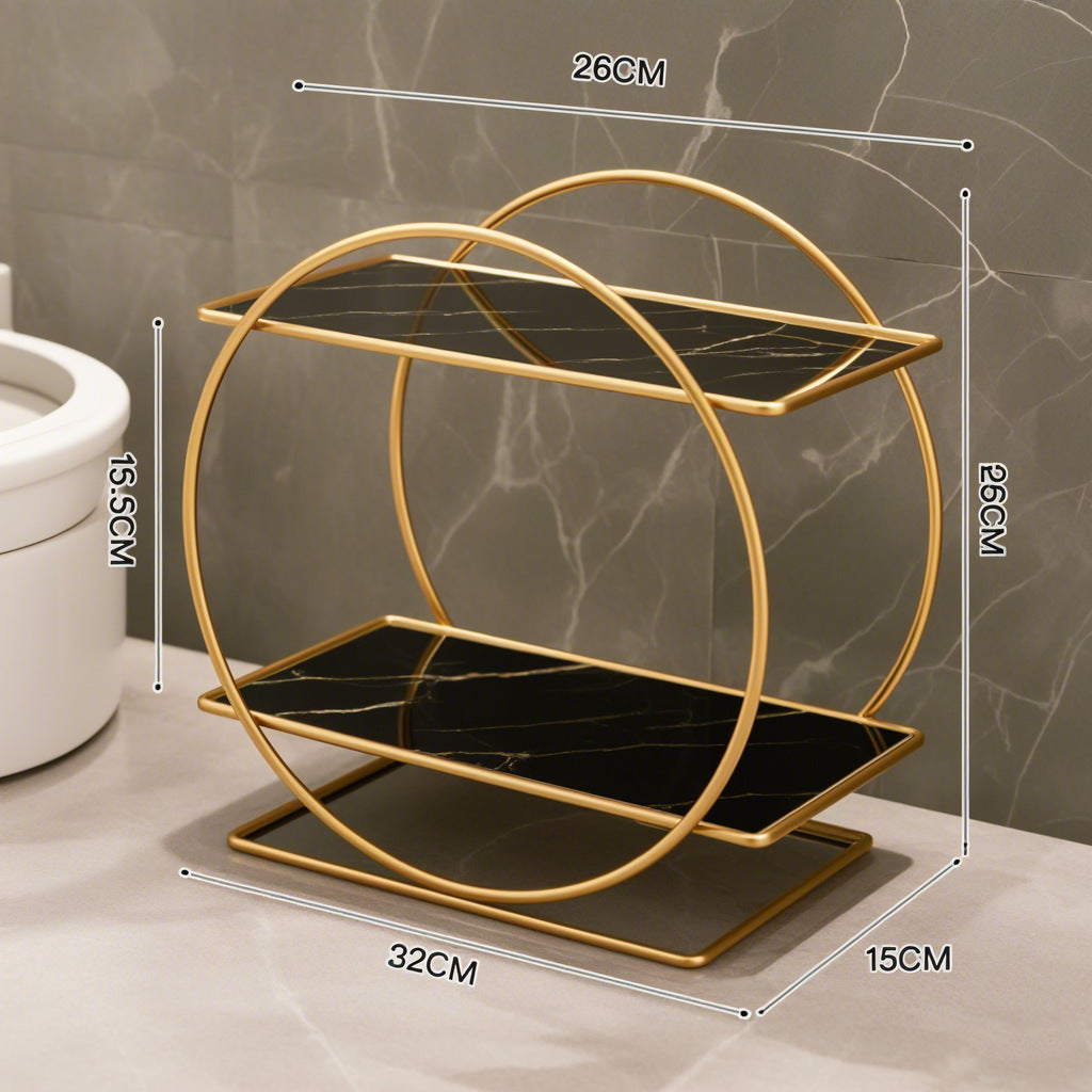 Elegant Golden Two-Tier Metal Cosmetic Organizer Stand - Luxury Countertop Makeup and Skincare Storage Shelf, Ideal for Bathroom Vanity, Home Decor, Dressing Table Accessories, and Perfume Storage