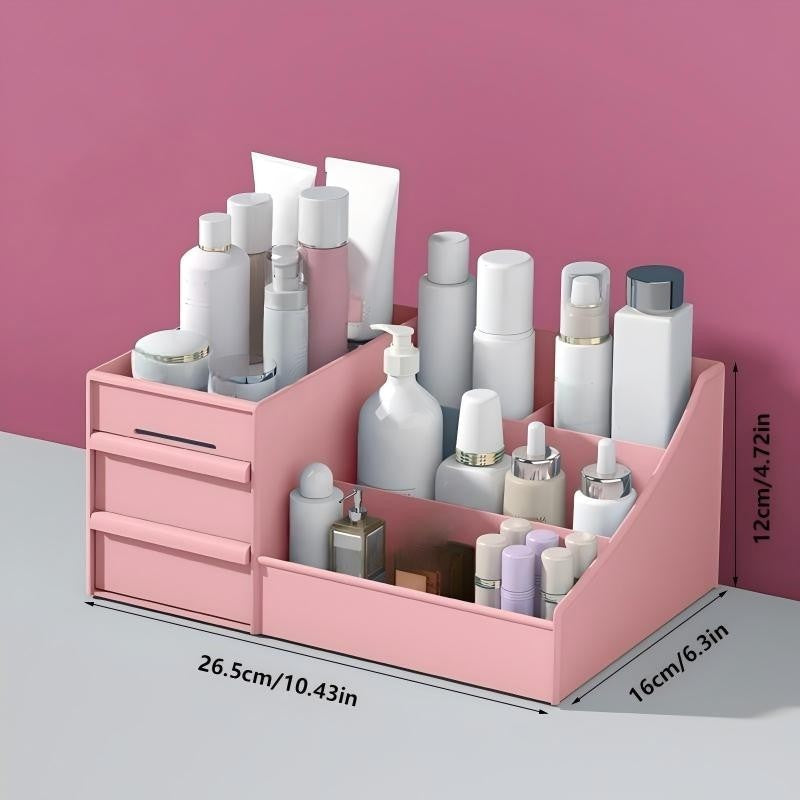 Pink Multi-Compartment Large-Capacity Desktop Storage Box Keeps vanity tables and desks neat and organized—lipsticks, masks, makeup brushes all stored in one box. Easy access, seamlessly fits into various settings.