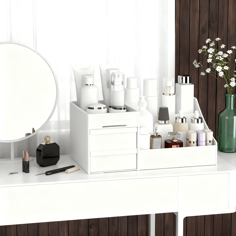 Pink Multi-Compartment Large-Capacity Desktop Storage Box Keeps vanity tables and desks neat and organized—lipsticks, masks, makeup brushes all stored in one box. Easy access, seamlessly fits into various settings.