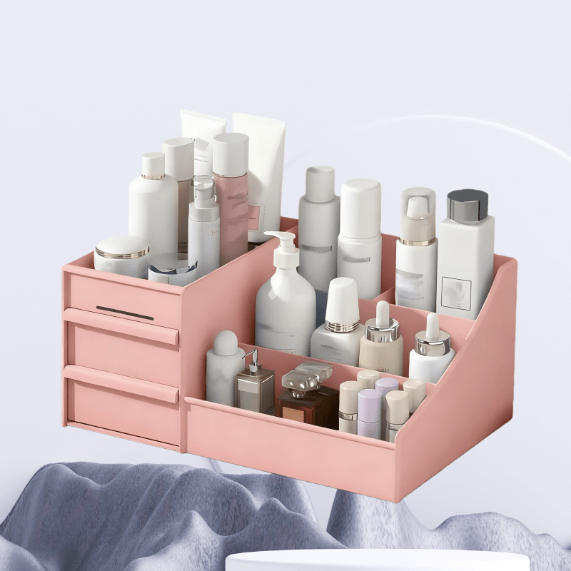 Pink Multi-Compartment Large-Capacity Desktop Storage Box Keeps vanity tables and desks neat and organized—lipsticks, masks, makeup brushes all stored in one box. Easy access, seamlessly fits into various settings.