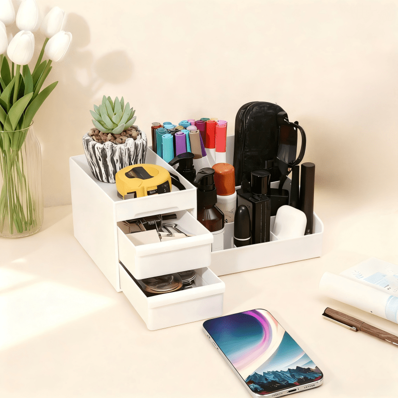 Black Multi-Compartment Large-Capacity Desktop Storage Box Keeps vanity tables and desks neat and organized—lipsticks, masks, makeup brushes all stored in one box. Easy access, seamlessly fits into various settings.