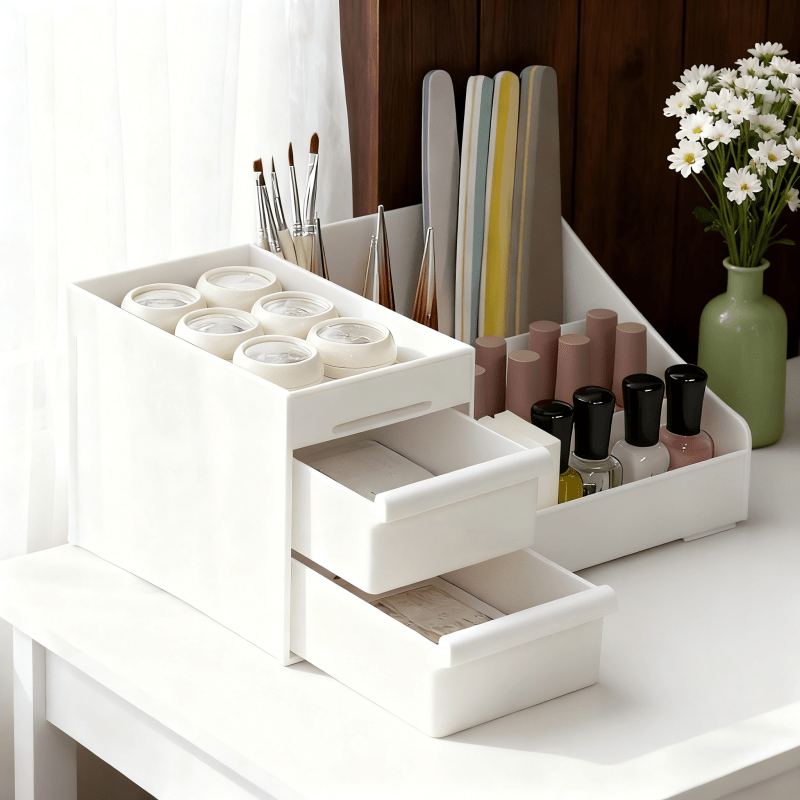 Milky white Multi-Compartment Large-Capacity Desktop Storage Box Keeps vanity tables and desks neat and organized—lipsticks, masks, makeup brushes all stored in one box. Easy access, seamlessly fits into various settings.