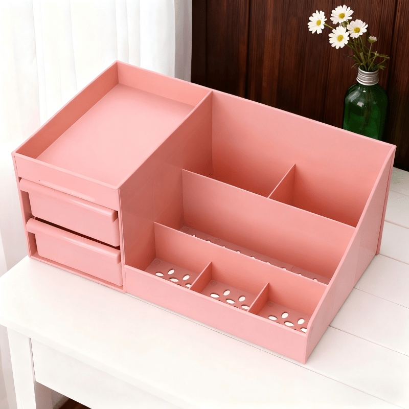 Milky white Multi-Compartment Large-Capacity Desktop Storage Box Keeps vanity tables and desks neat and organized—lipsticks, masks, makeup brushes all stored in one box. Easy access, seamlessly fits into various settings.