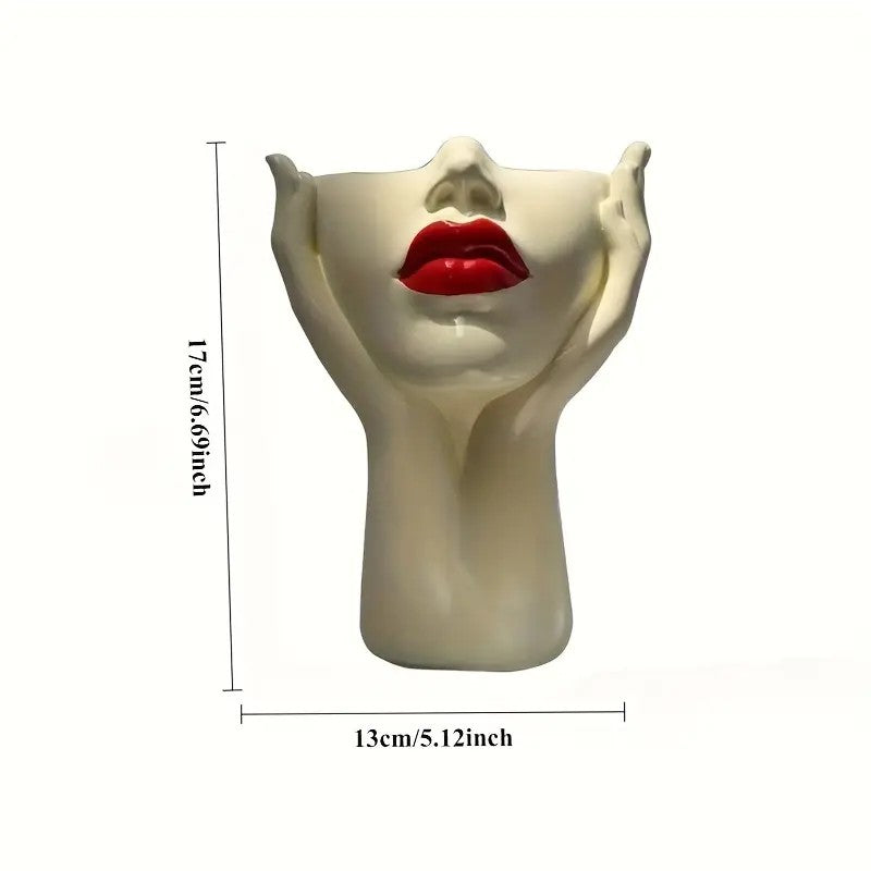 Sculpted Hands Vanity Brush Holder — "Goddess Embrace" Resin Organizer with Red Lips Accent/1 Piece Elegant Resin Makeup Brush Holder with Red Lips Design - Lightweight Synthetic Cosmetics Organizer Box, Standalone Desktop Storage Case for Bathroom or Dre