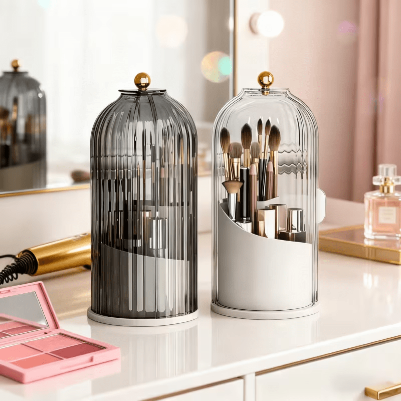 Transparent Rotating Makeup Brush Holder: 360° Rotation for Easy Access, Dust-Proof with Compartments, Neat and Portable(Transparent green）