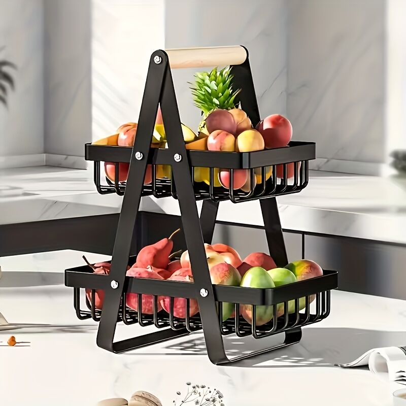 Heavy-Duty Metal Fruit Storage Basket (2-Layer Removable Divider) – Space-Saving Organizer for Kitchen, Refrigerator, Pantry & Dining Table – Sturdy Rectangular Design, Modern Kitchenware | Durable Structure