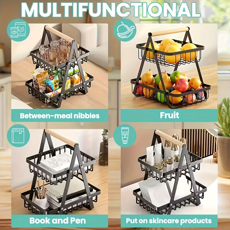 Heavy-Duty Metal Fruit Storage Basket (2-Layer Removable Divider) – Space-Saving Organizer for Kitchen, Refrigerator, Pantry & Dining Table – Sturdy Rectangular Design, Modern Kitchenware | Durable Structure
