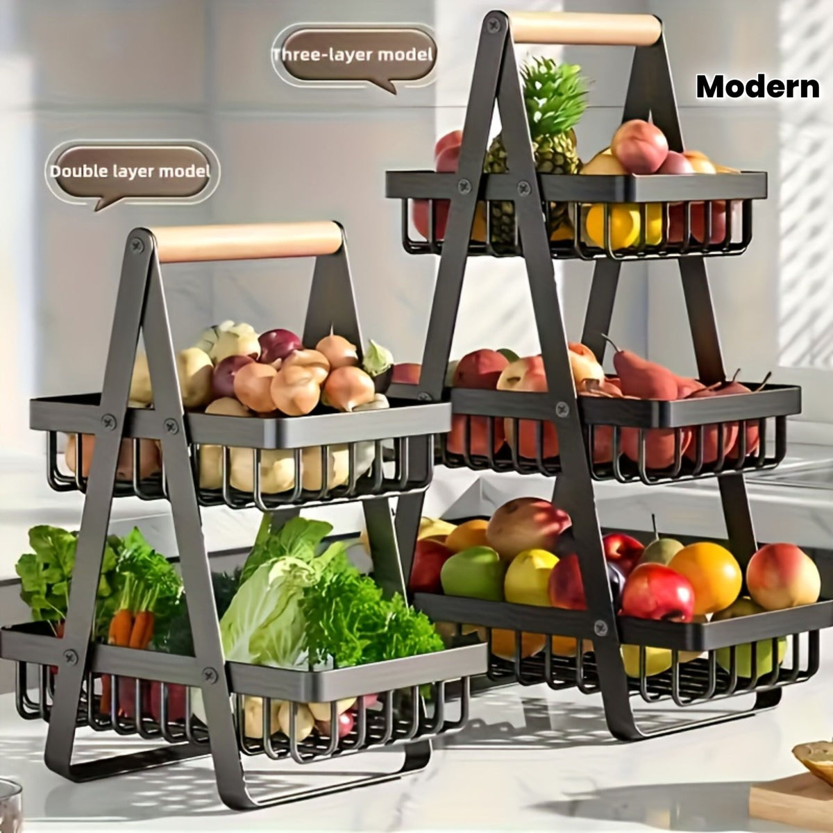 Heavy-Duty Metal Fruit Storage Basket (2-Layer Removable Divider) – Space-Saving Organizer for Kitchen, Refrigerator, Pantry & Dining Table – Sturdy Rectangular Design, Modern Kitchenware | Durable Structure