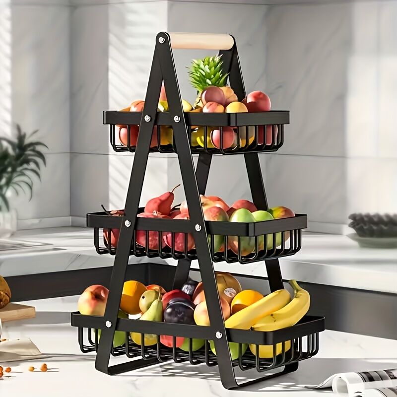 Heavy-Duty Metal Fruit Storage Basket (3-Layer Removable Divider) – Space-Saving Organizer for Kitchen, Refrigerator, Pantry &amp; Dining Table – Sturdy Rectangular Design, Modern Kitchenware | Durable Structure