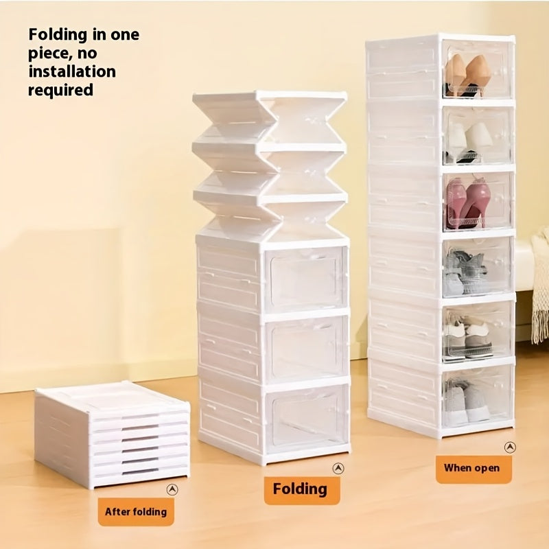 3-Tier Stackable Shoe Storage Box Set, featuring easy-access front-opening waterproof transparent plastic storage bins with no assembly required - perfect for closets and entryways.