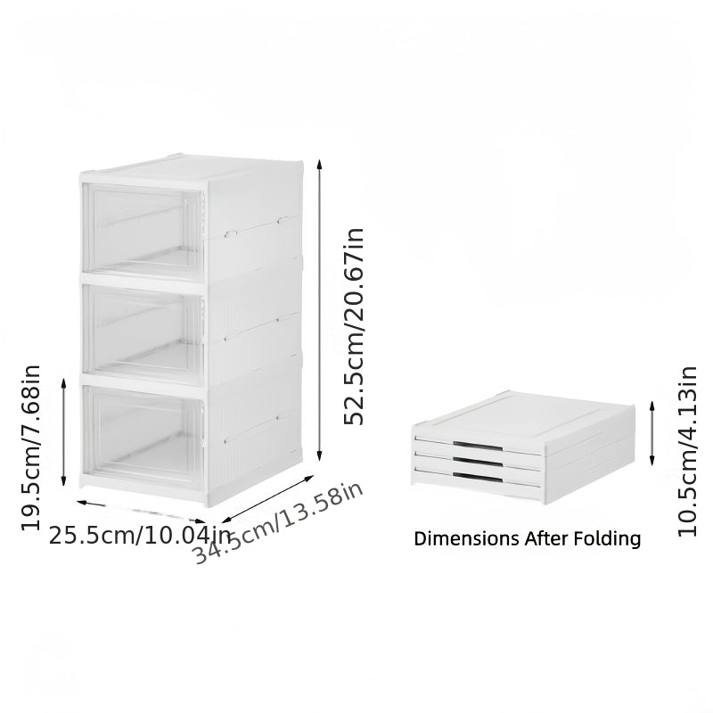 3-Tier Stackable Shoe Storage Box Set, featuring easy-access front-opening waterproof transparent plastic storage bins with no assembly required - perfect for closets and entryways.