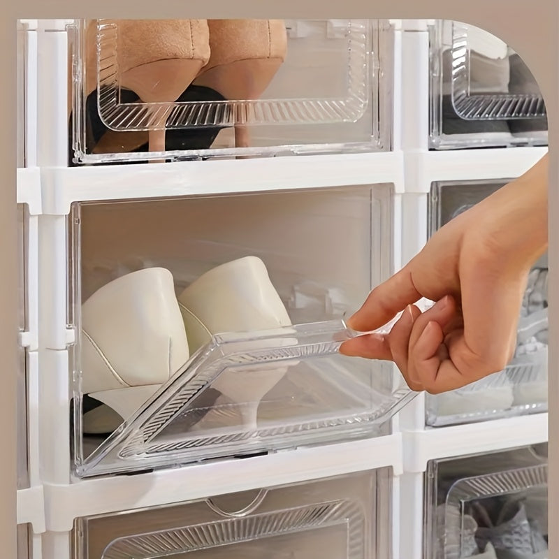 3-Tier Stackable Shoe Storage Box Set, featuring easy-access front-opening waterproof transparent plastic storage bins with no assembly required - perfect for closets and entryways.