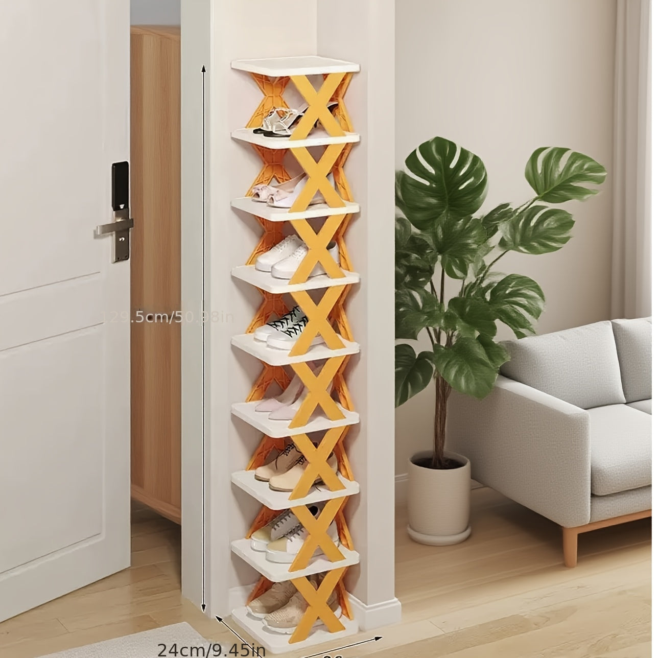 6-Tier Foldable White/Orange Shoe Rack, space-saving vertical design for entry halls, living rooms, bedrooms, closets, balconies—an essential organizing storage shelf for college dormitories.