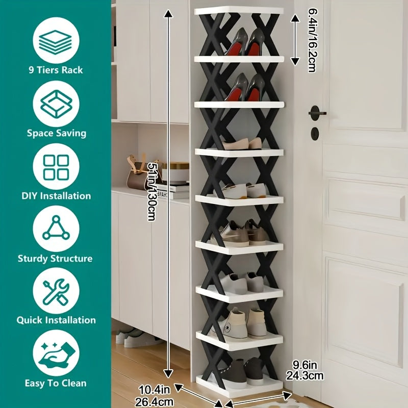 6-Tier Foldable White/Orange Shoe Rack, space-saving vertical design for entry halls, living rooms, bedrooms, closets, balconies—an essential organizing storage shelf for college dormitories.
