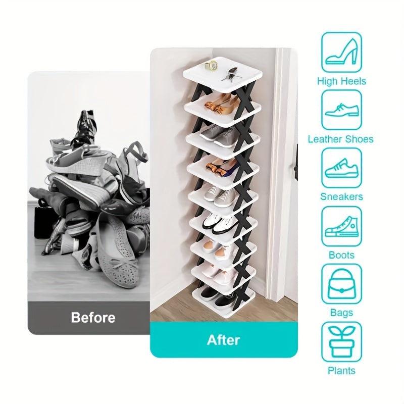9-Tier Foldable White/Orange Shoe Rack, space-saving vertical design for entry halls, living rooms, bedrooms, closets, balconies—an essential organizing storage shelf for college dormitories.