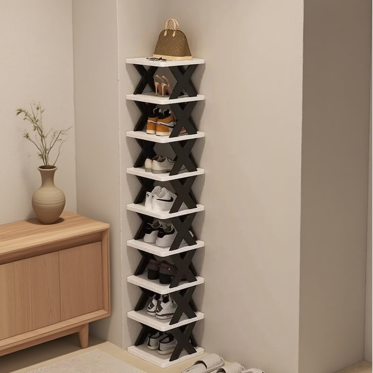 9-Tier Foldable White/Orange Shoe Rack, space-saving vertical design for entry halls, living rooms, bedrooms, closets, balconies—an essential organizing storage shelf for college dormitories.